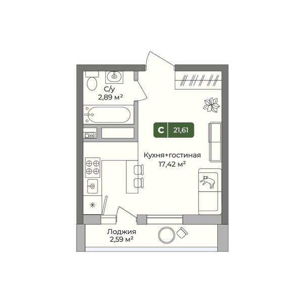 Планировка: студия квартира 21,61 м²