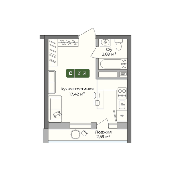 Планировка: студия квартира 21,61 м²