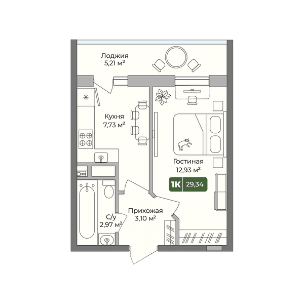 Планировка: 1-комнатная квартира 29,34 м²
