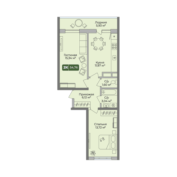 Планировка: 2-комнатная квартира 54,76 м²